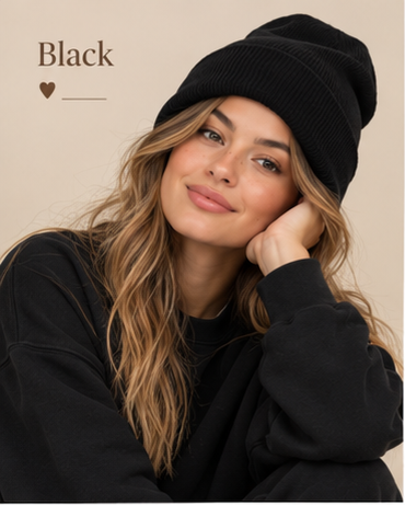 Everyday Beanie |color=Black| unmodified approved lookbook crop, AI concept