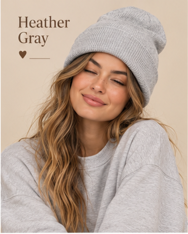 Everyday Beanie |color=Heather Gray| unmodified approved lookbook crop, AI concept