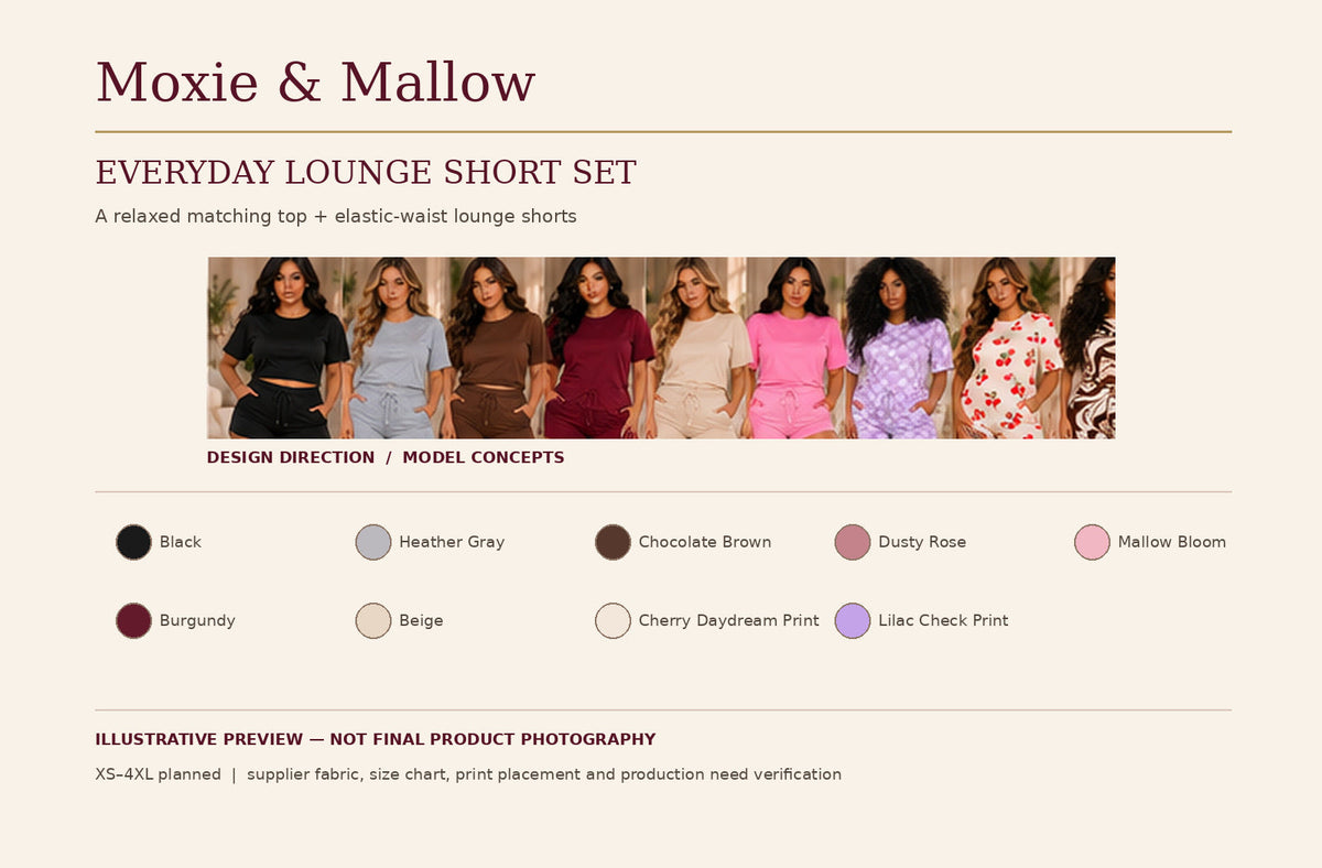 Everyday Lounge Short Set — editorial design preview with model concepts and nine proposed shades; final individual product photos and supplier approval pending.