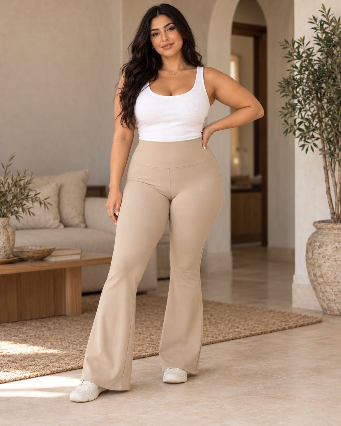 Moxie & Mallow Flare Leggings |color=Beige| crisp full-resolution individual AI model portrait; supplier garment not verified