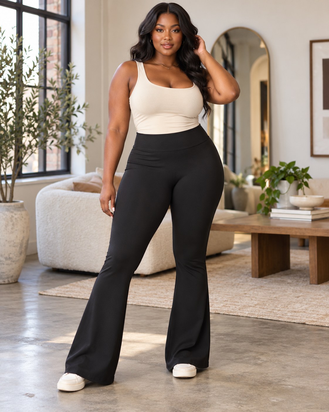 Moxie & Mallow Flare Leggings |color=Black| crisp full-resolution individual AI model portrait; supplier garment not verified