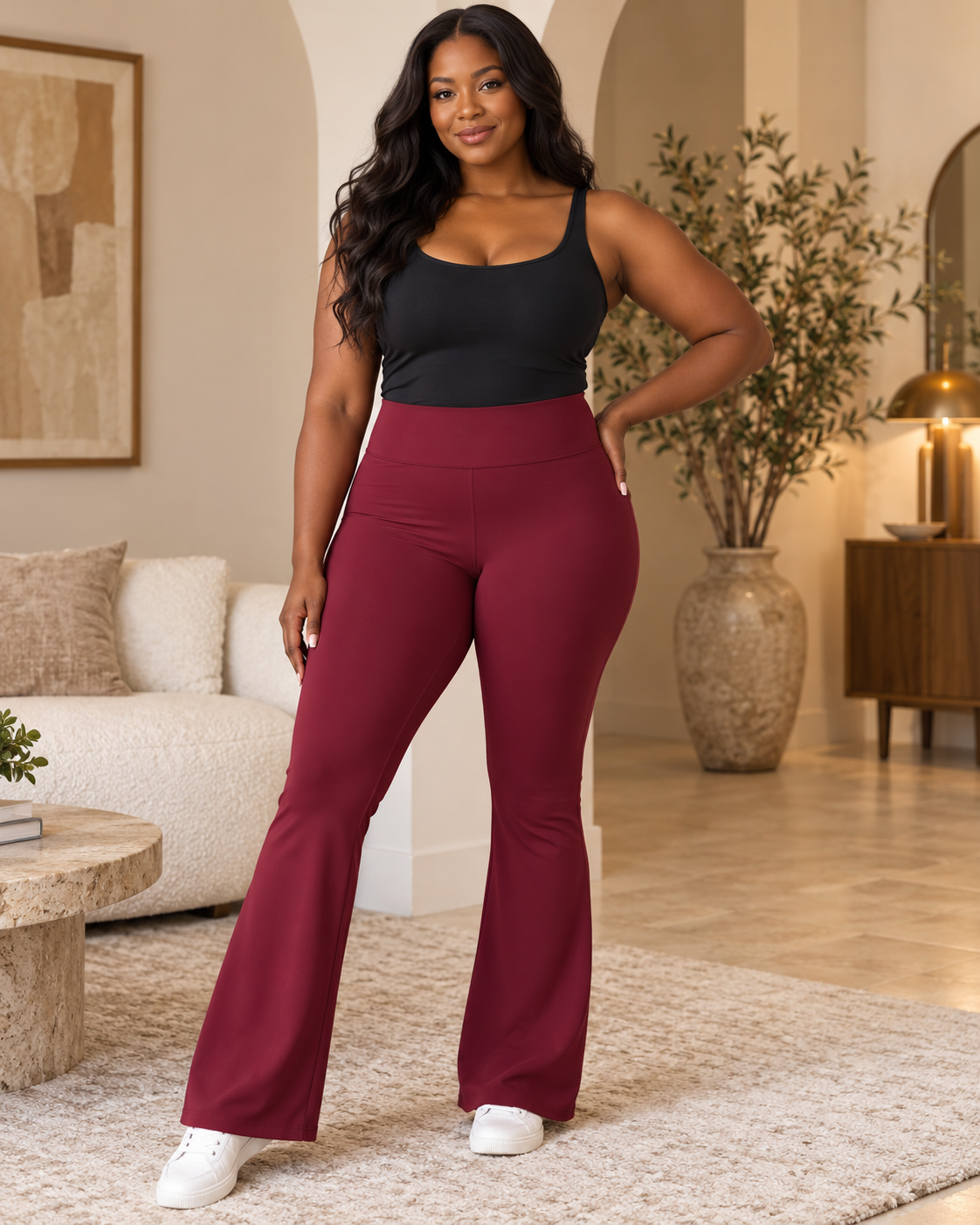 Moxie & Mallow Flare Leggings |color=Burgundy| crisp full-resolution individual AI model portrait; supplier garment not verified