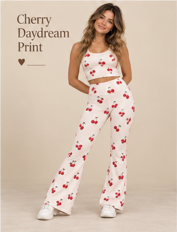 Moxie & Mallow Flare Leggings |color=Cherry Daydream Print| approved lookbook crop, supplier sample pending