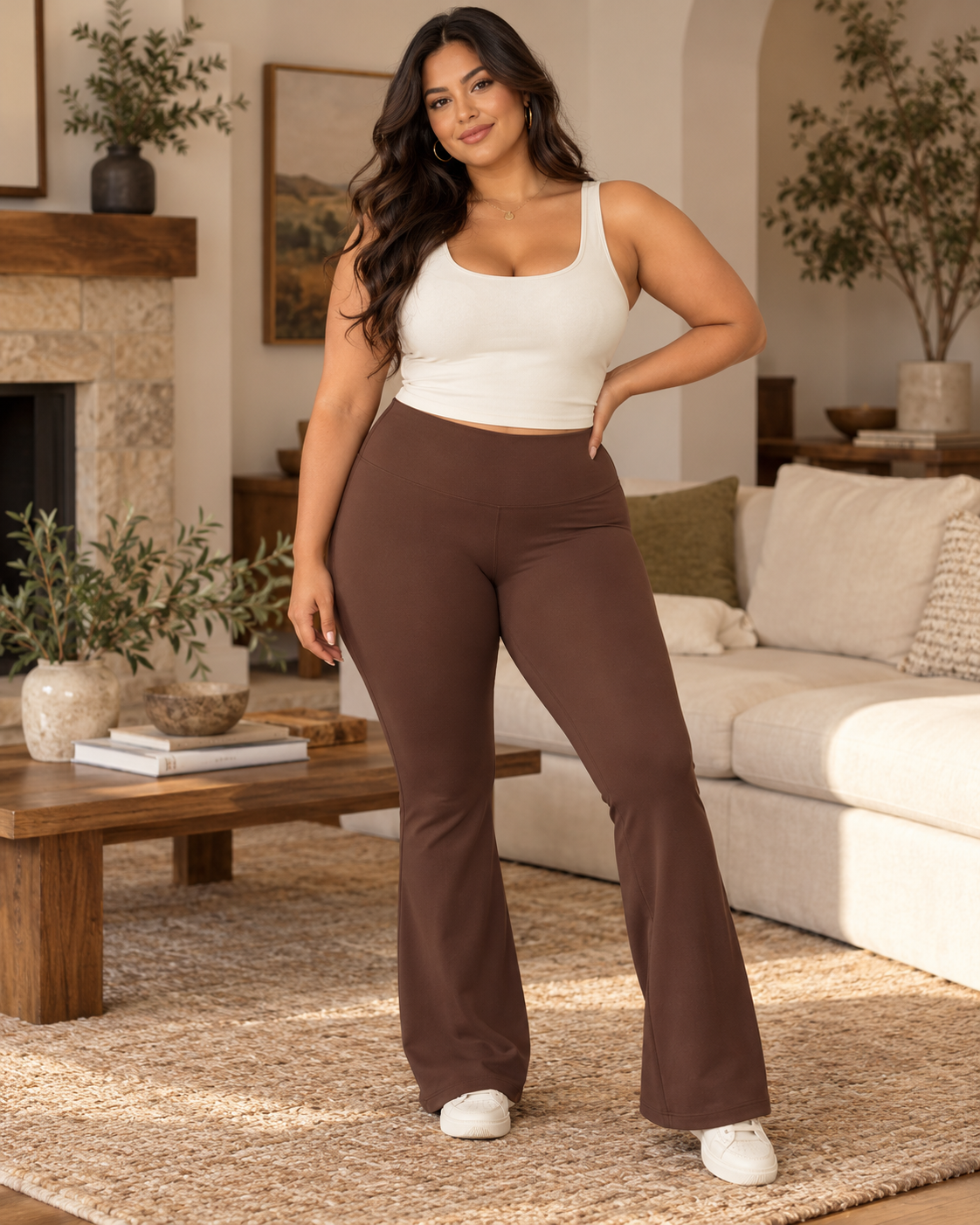 Moxie & Mallow Flare Leggings |color=Chocolate Brown| crisp full-resolution individual AI model portrait; supplier garment not verified