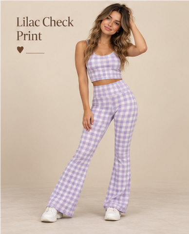 Moxie & Mallow Flare Leggings |color=Lilac Check Print| approved lookbook crop, supplier sample pending