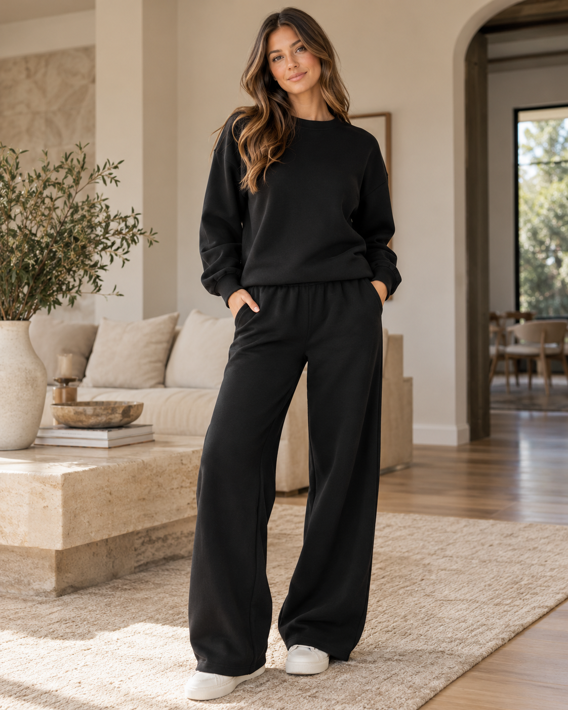Moxie & Mallow Matching Sweat Suit |color=Black| full-frame high-resolution single-model AI concept; supplier sample pending