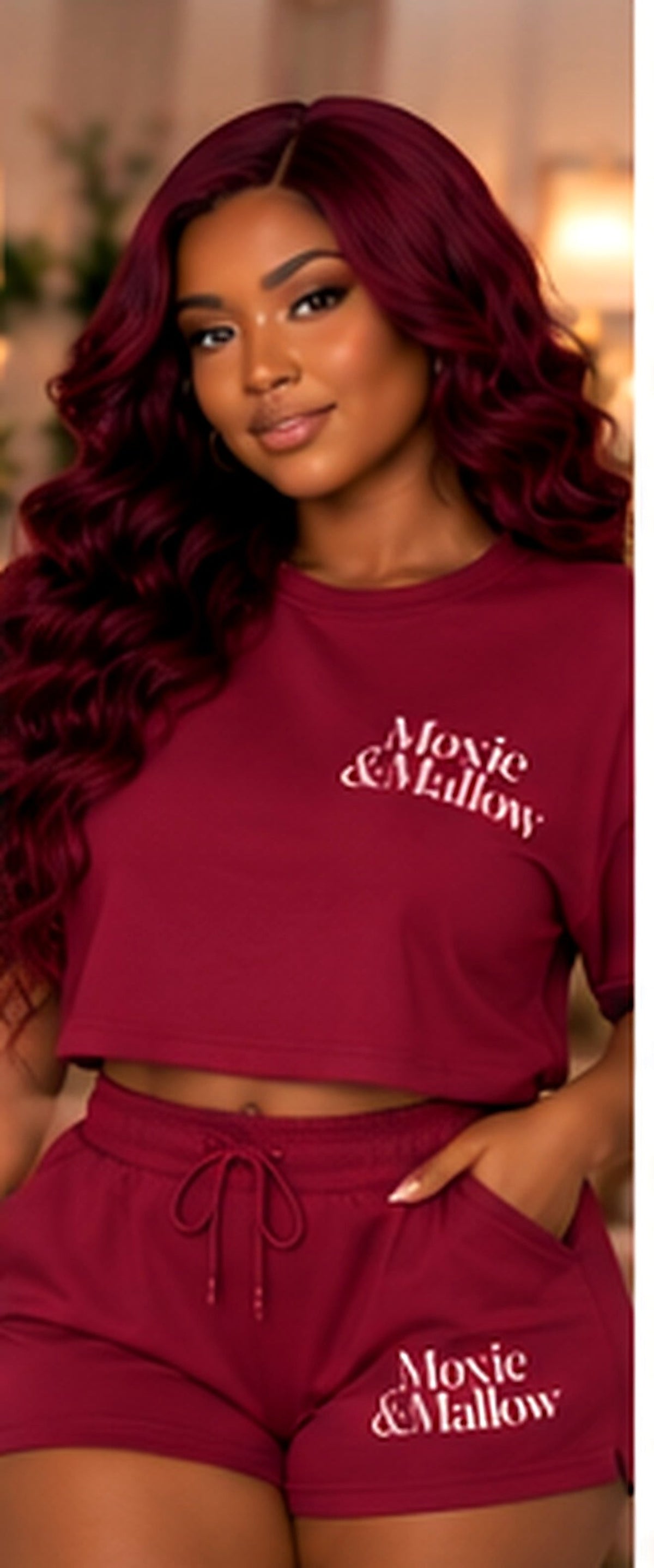Everyday Lounge Short Set |color=Burgundy| enhanced individual editorial image, upscaled source crop