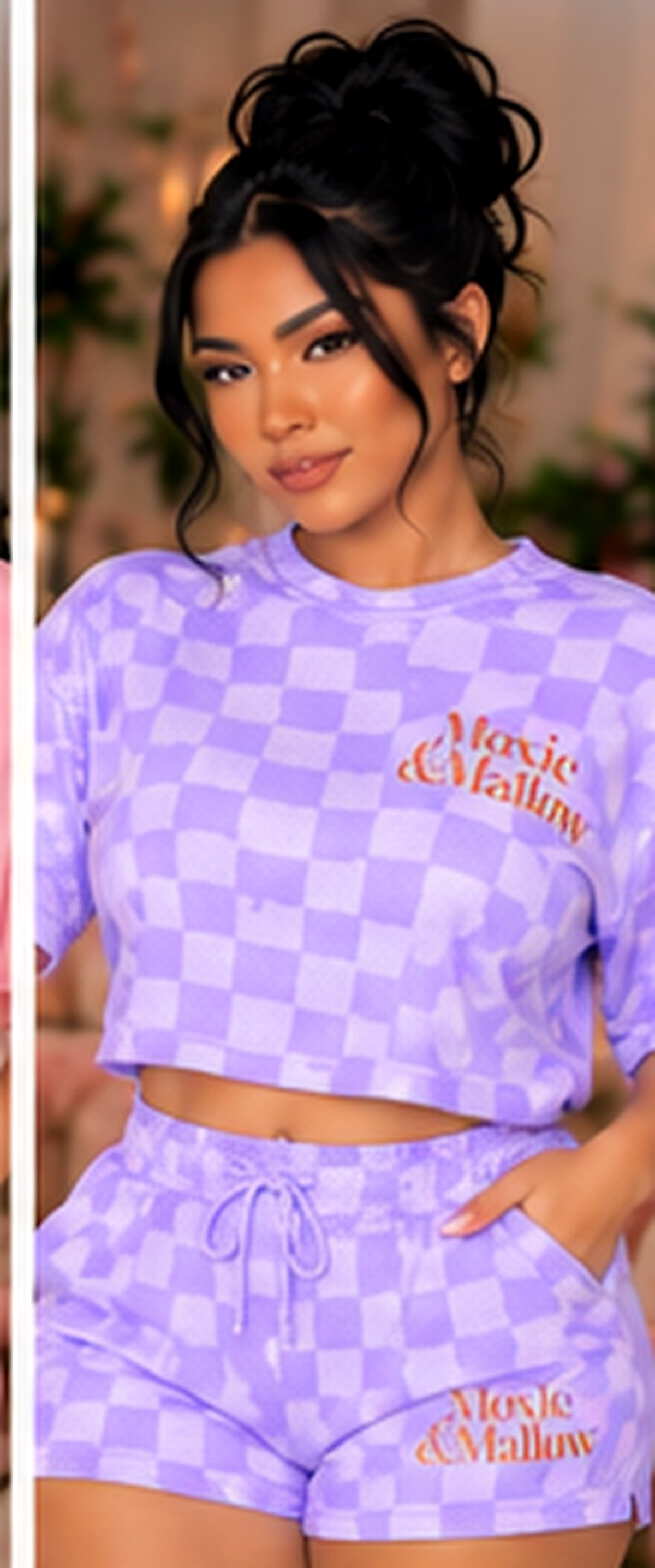Everyday Lounge Short Set |color=Lilac Check Print| enhanced individual editorial image, upscaled source crop