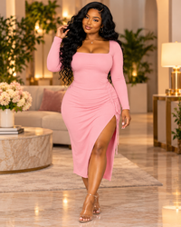 Soft Sculpt Rib Midi Dress |color=Mallow Bloom| crisp individual-model full-resolution AI editorial concept; not supplier verified