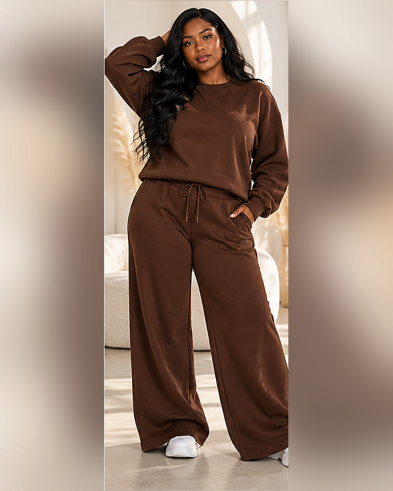 Moxie & Mallow Matching Sweat Suit |color=Chocolate Brown| individual adult model photo concept; supplier garment verification pending