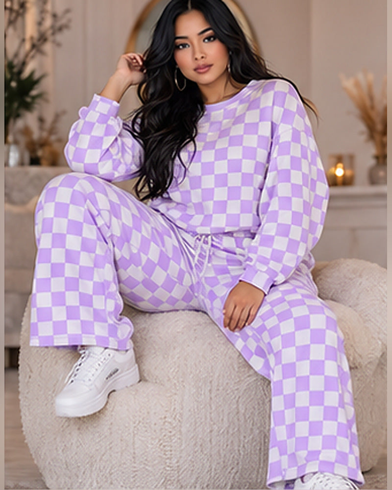 Moxie & Mallow Matching Sweat Suit |color=Lilac Check Print| individual adult model photo concept; supplier garment verification pending