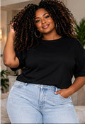 Moxie & Mallow Everyday T-Shirt |color=Black| distinct adult model wearing jeans or casual pants, isolated AI styling concept; production sample not verified