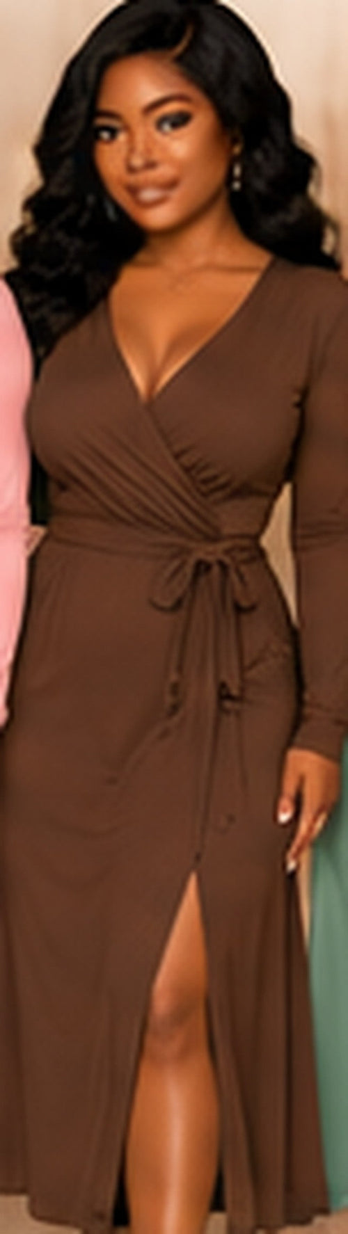 wrap Dress |color=Chocolate Brown| AI editorial concept, source collage crop; supplier sample not verified