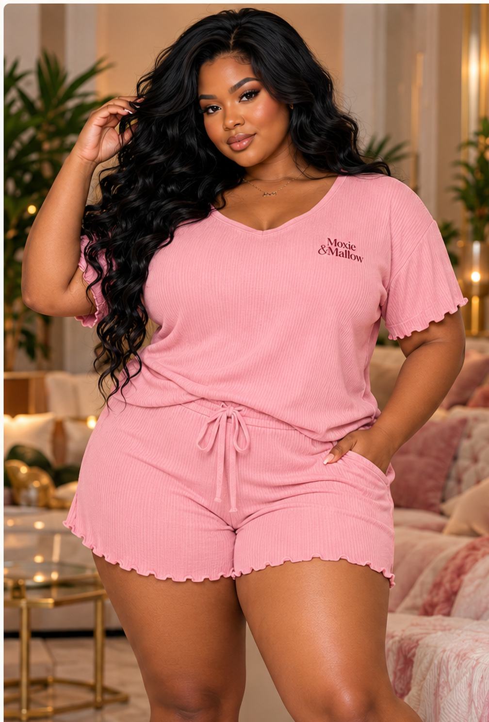 Everyday Lounge Short Set |color=Dusty Rose| individual model editorial concept; not supplier-verified